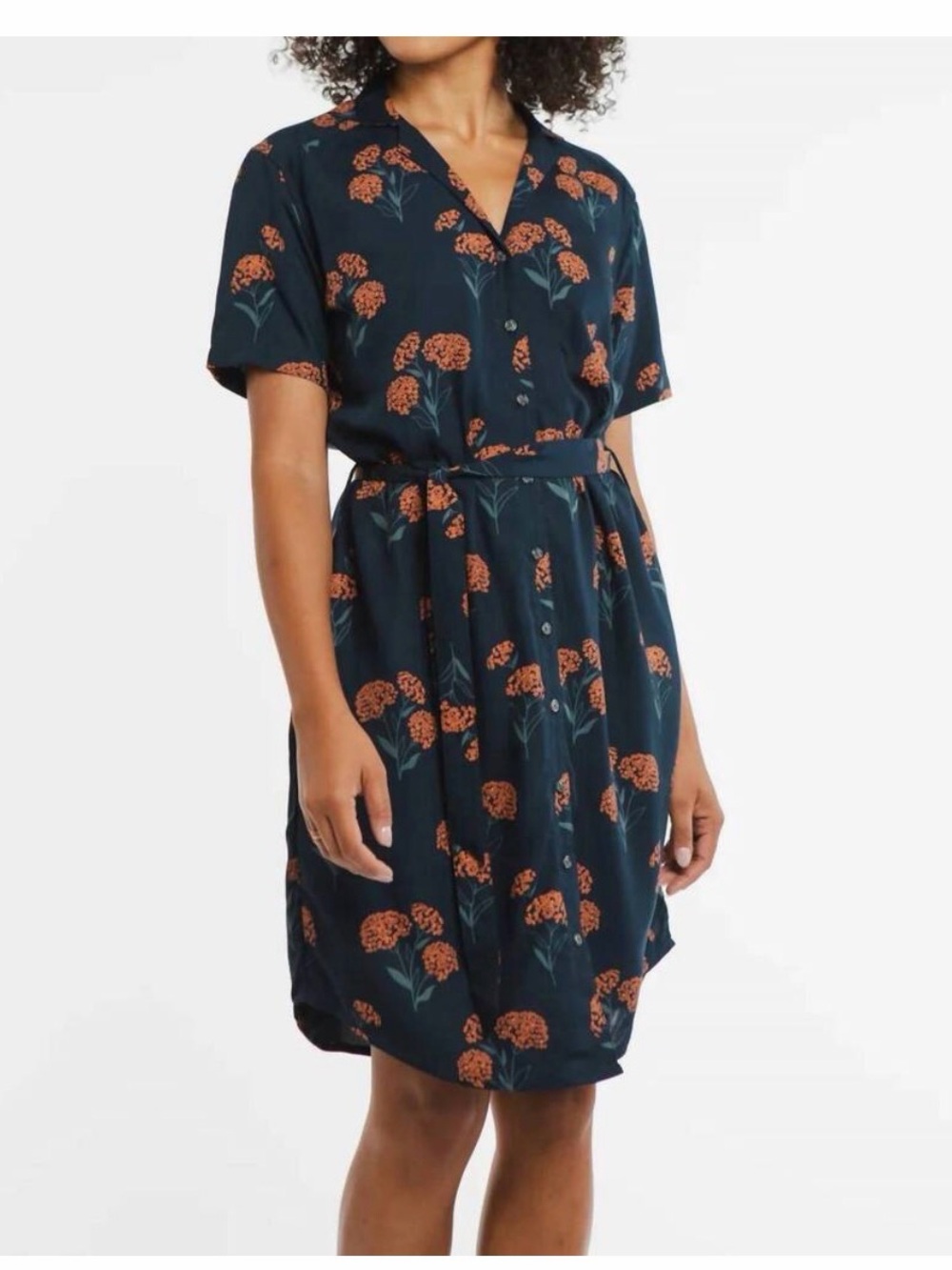 Button-Front Floral Shirt Dress in Navy with Orange Print